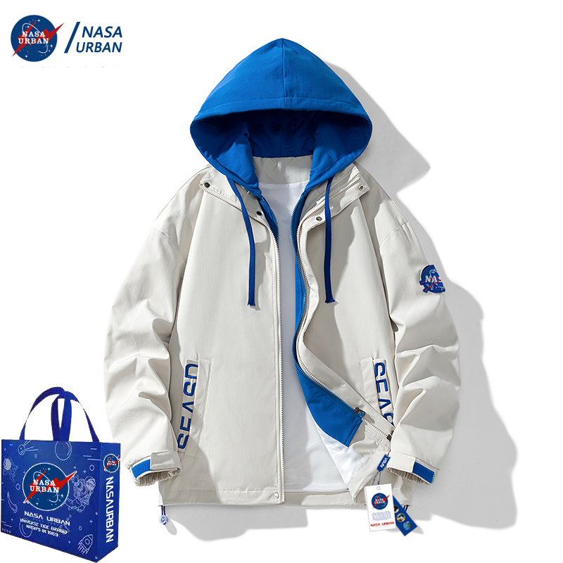 NASA URBAN秋季新款假两件男士潮流宽松连帽夹克秋冬港风百搭上衣