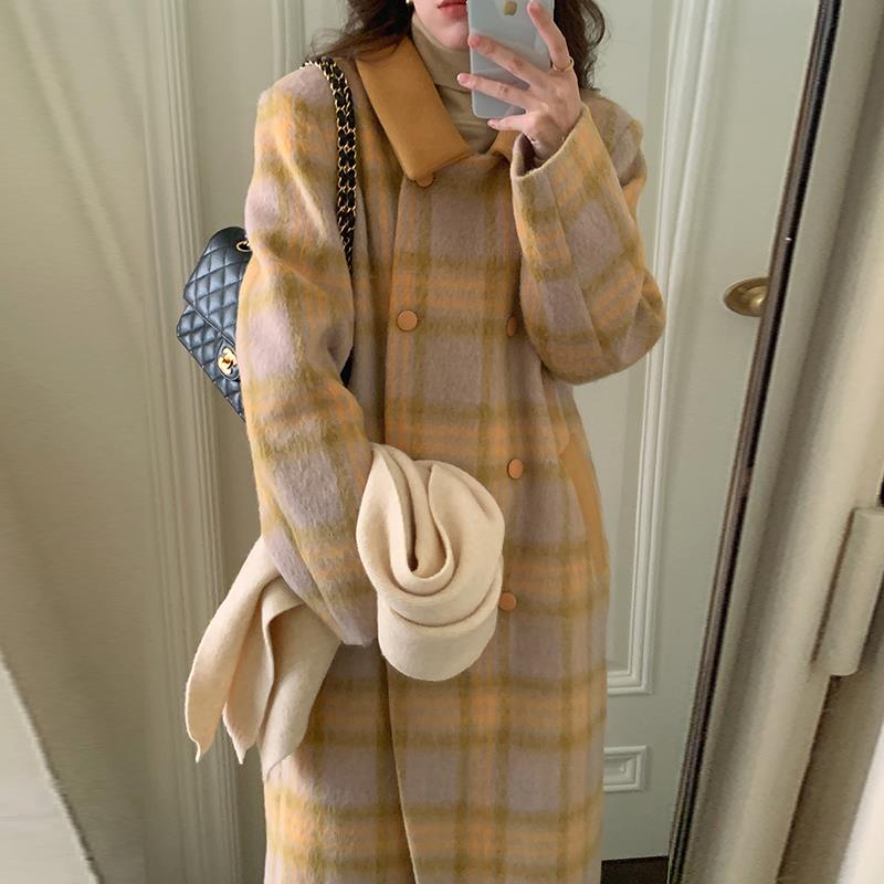 韩系chic秋冬复古港风翻领撞色格纹设计双排扣过膝长版毛呢外套女