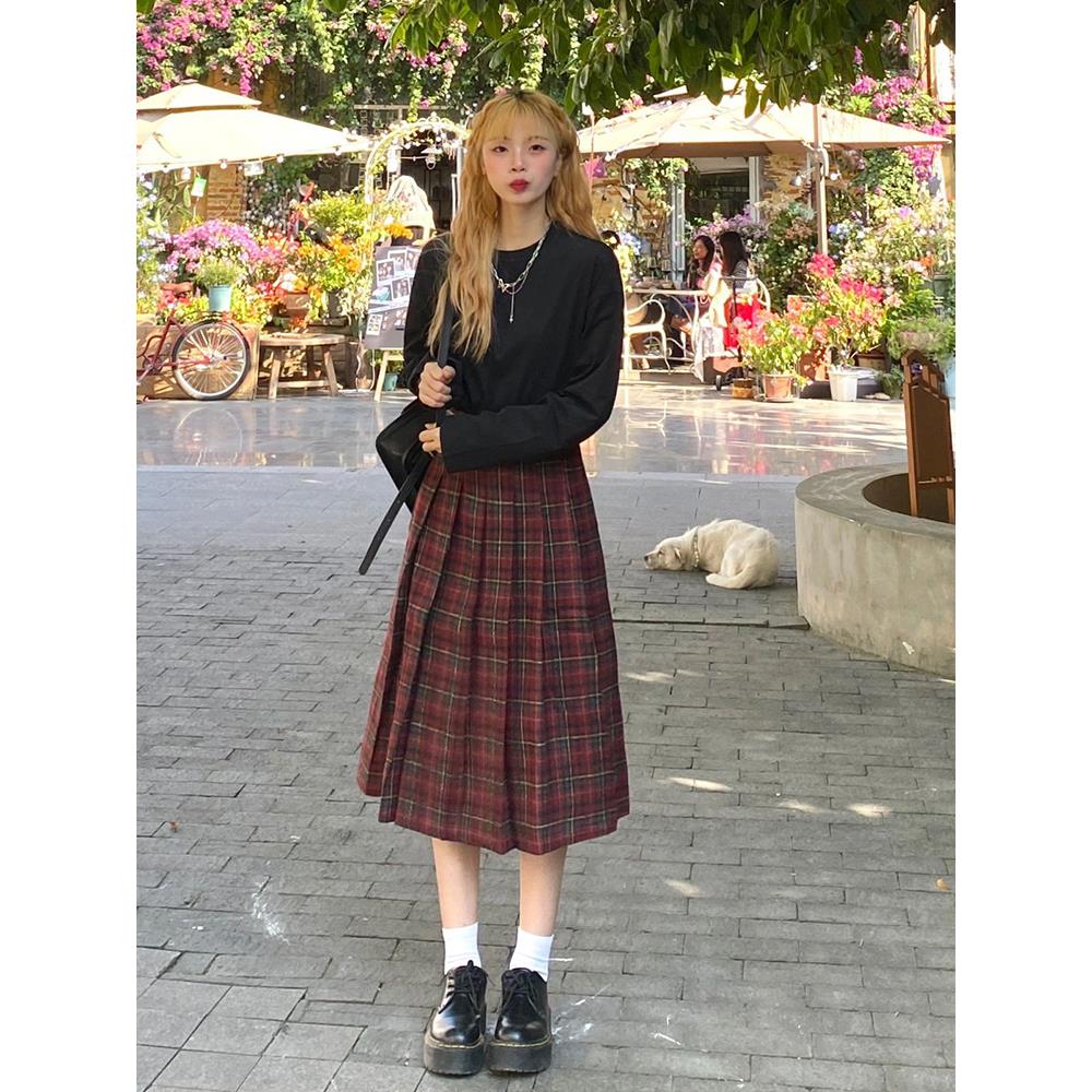 美式复古红格纹设计感长裙半身裙女秋冬学院风高腰伞裙苏格兰裙子
