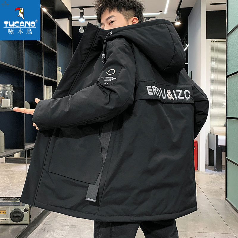 啄木鸟中长款棉衣男士冬季新款加厚棉袄潮牌宽松棉服连帽休闲外套