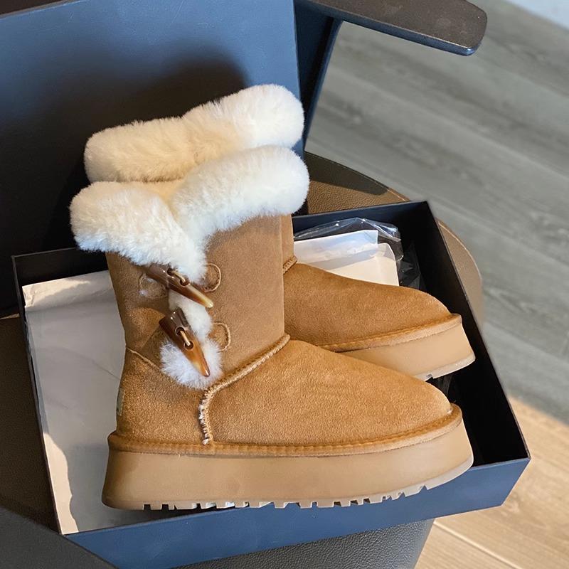 回力瑞厚底雪地靴女款冬季网红加绒加厚增高轻便牛角扣皮毛一体棉