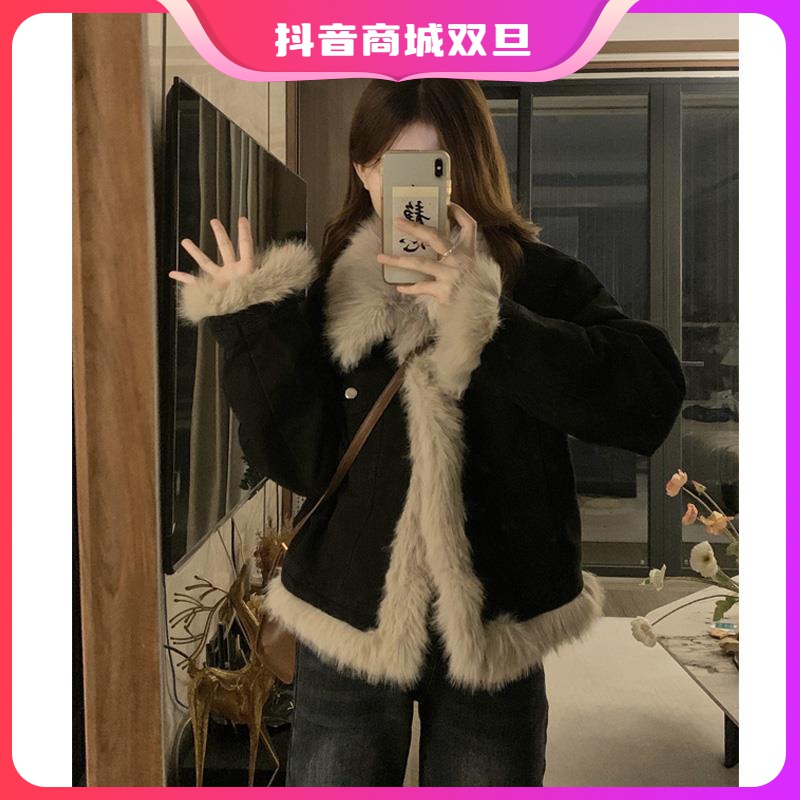 香风仿羊羔毛绒牛仔外套女秋冬季加厚高级感小个子毛毛夹棉衣棉服