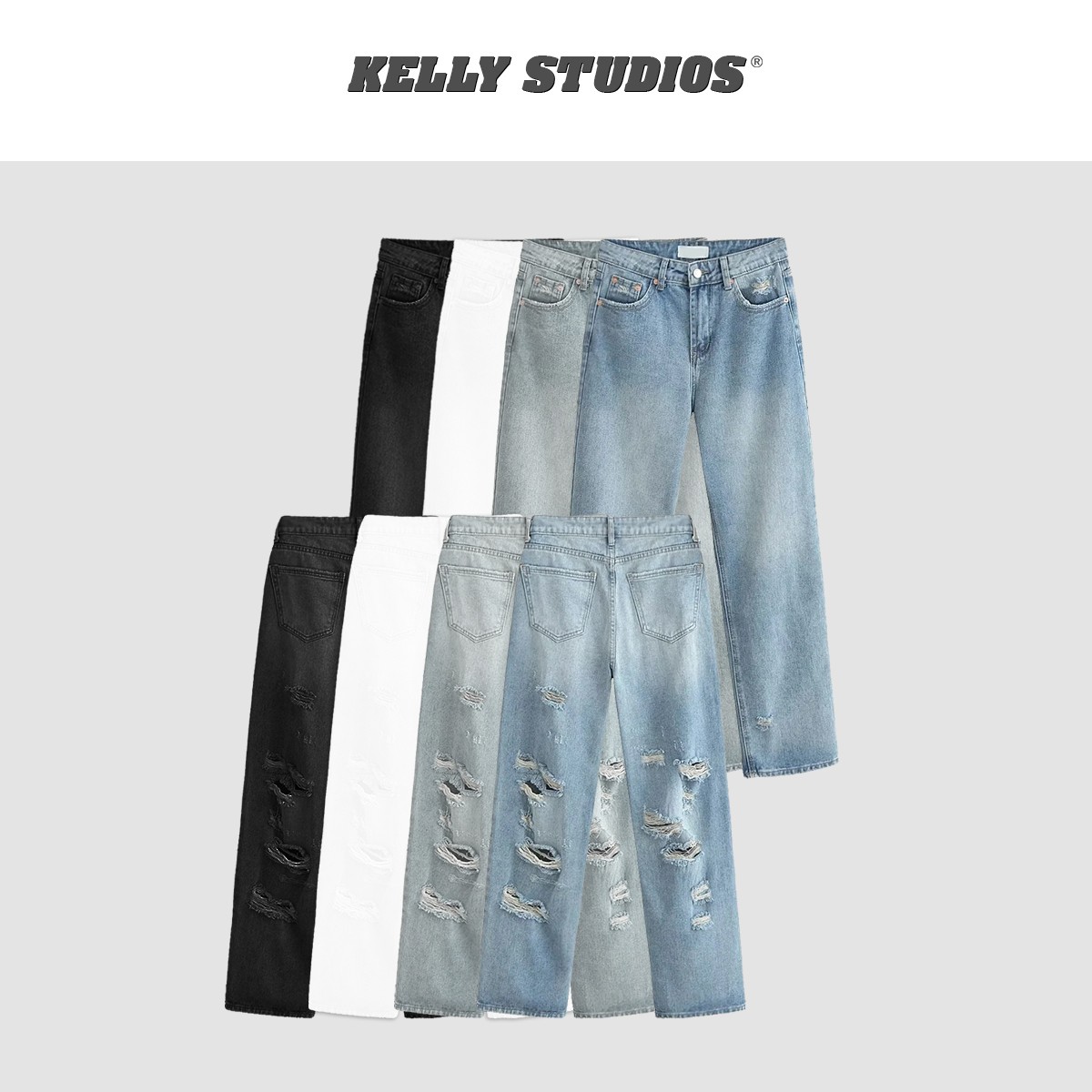 KELLY 夏季复古破洞四色牛仔裤修身复古欧美网红女潮流高腰牛仔裤