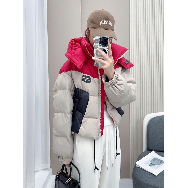 波司登韩版短款加厚连帽撞色拼接羽绒服白鸭绒时尚外套面包服冬装