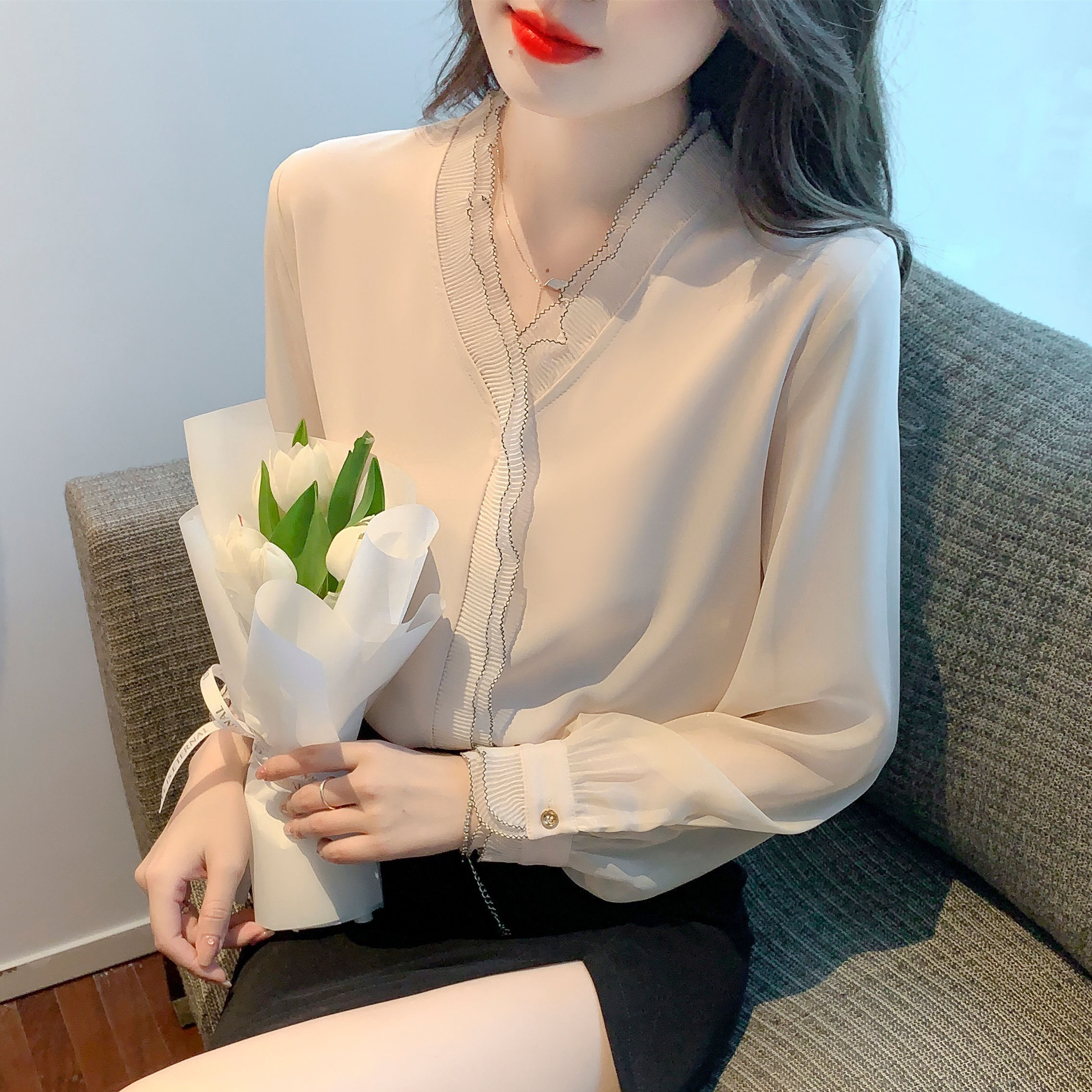 2401白色荷叶边雪纺长袖衬衫女2024早春新款法式气质上衣女