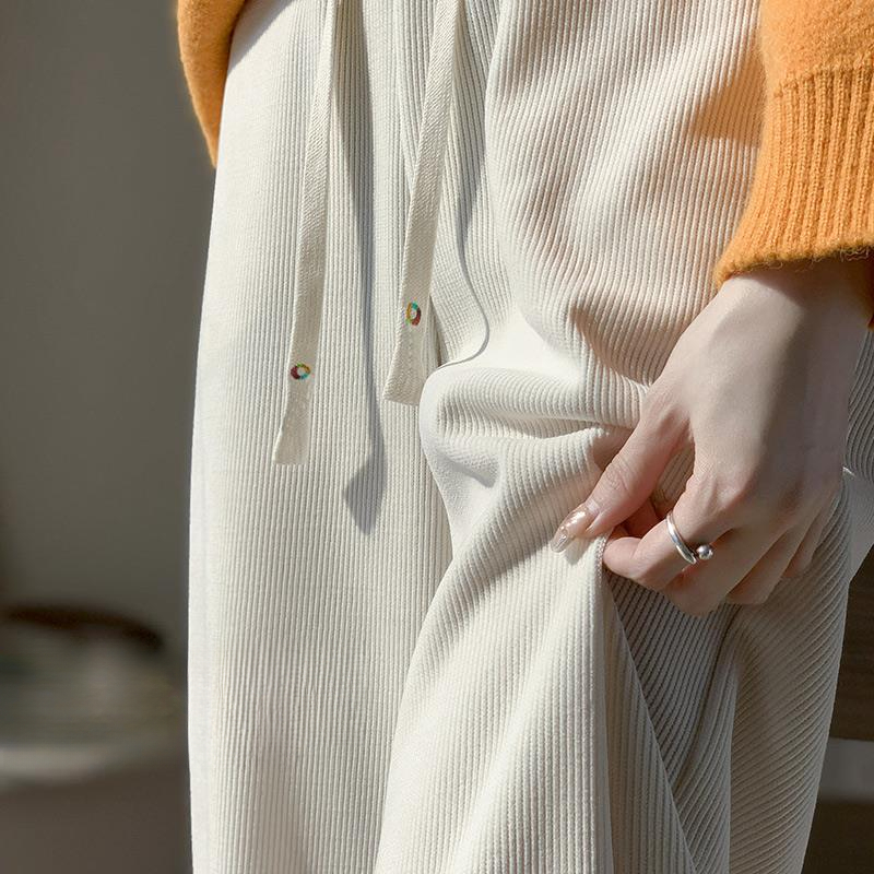 雪尼尔加绒窄版阔腿裤女高腰垂坠感裤子白色小个子直筒灯芯绒长裤