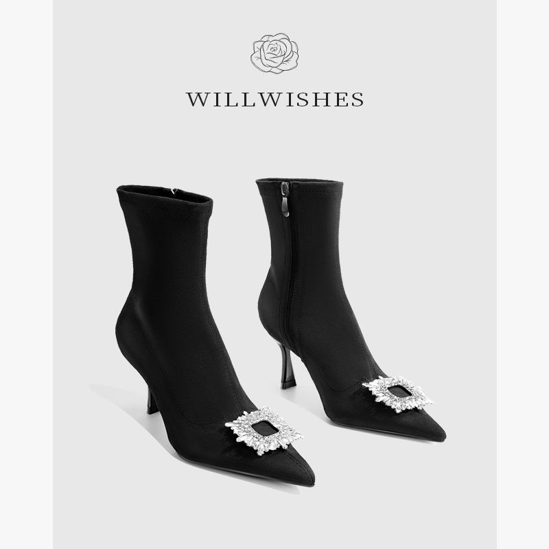 WILLWISHES/王玎2023年秋季新款水钻短靴尖头高跟靴弹力靴瘦瘦靴