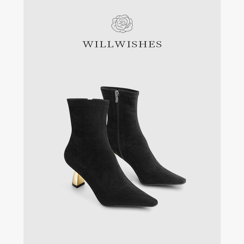 WILLWISHES/王玎珍珠跟轻奢高级感小香风高跟短靴女气质瘦瘦靴女