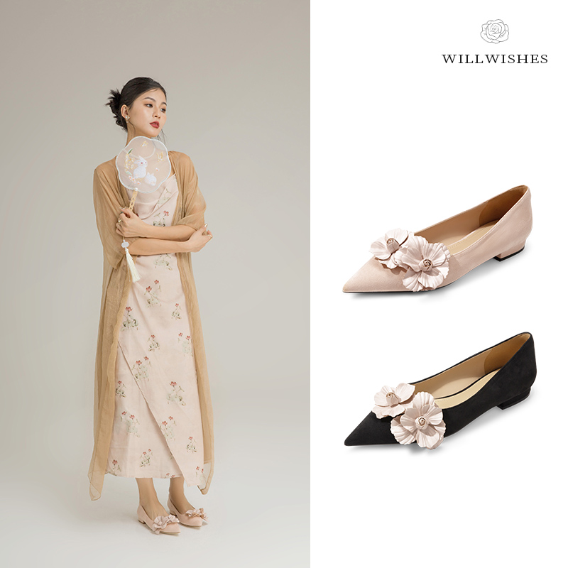 WILLWISHES/王玎23新款尖头法式复古时尚单鞋女浅口花卉平底鞋女