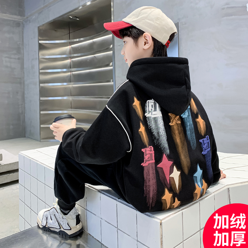 儿童装男童冬装套装2023新款中大童秋冬款加绒加厚运动卫衣男孩潮