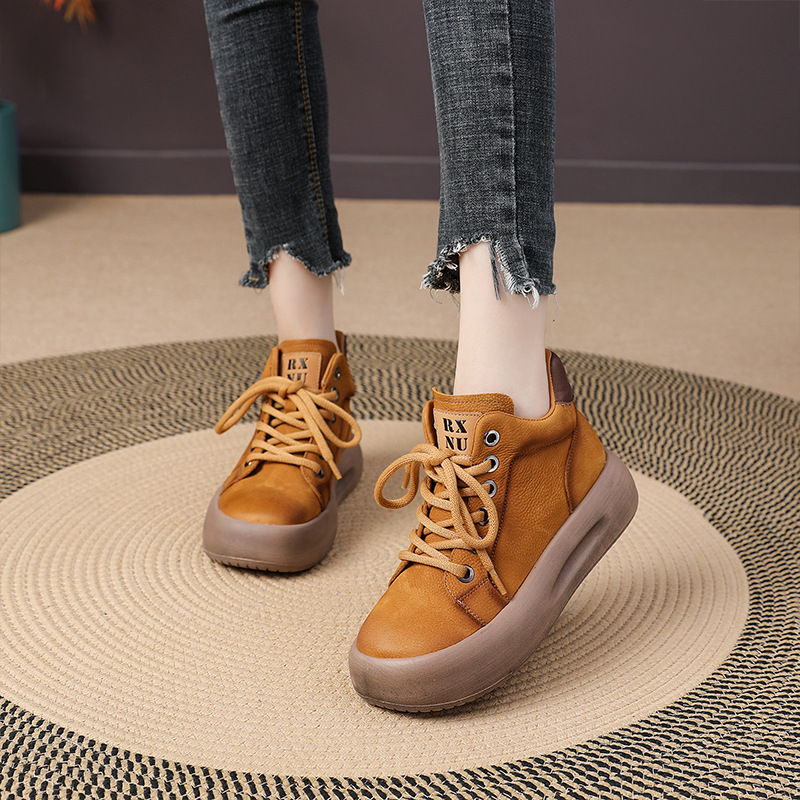 头层牛皮秋冬新款女鞋休闲百搭复古厚底高帮鞋女时尚系带短靴子女