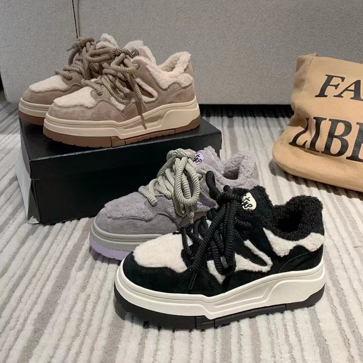 加厚厚底加绒保暖棉鞋时尚百搭休闲运动小板鞋小个子增高韩版系带