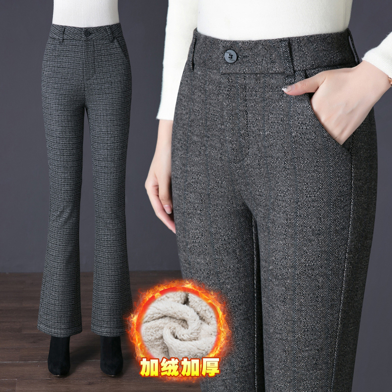 高腰微喇裤女千鸟格子冬季新款中年女裤妈妈直筒喇叭休闲长裤加绒
