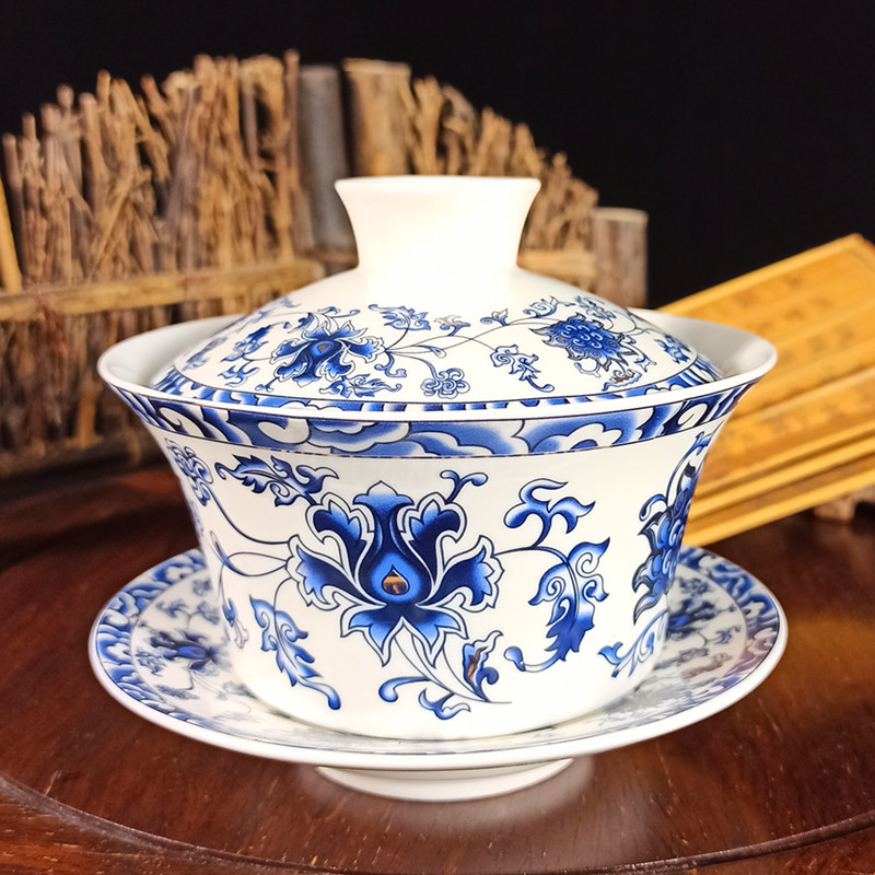 盖碗茶杯茶碗大号茶具景德镇青花瓷泡茶碗陶瓷白瓷三才碗手抓壶