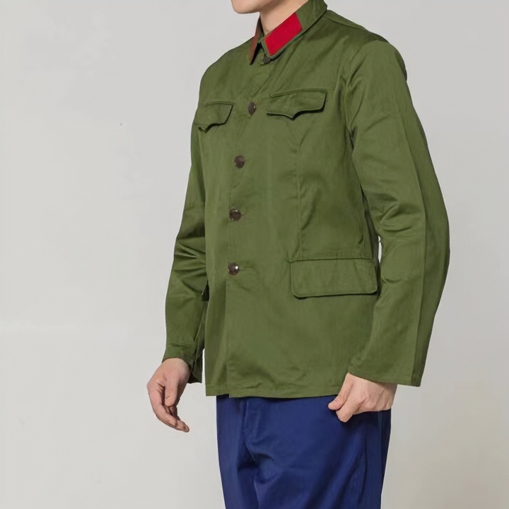 中老年老人涤良的确良全新制作军绿色轻薄透气夏季套装常服