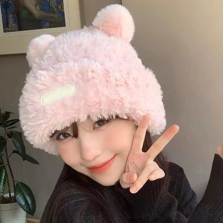 新款可爱小熊耳朵帽子显脸小大头围时尚百搭保暖包头帽送男女朋友