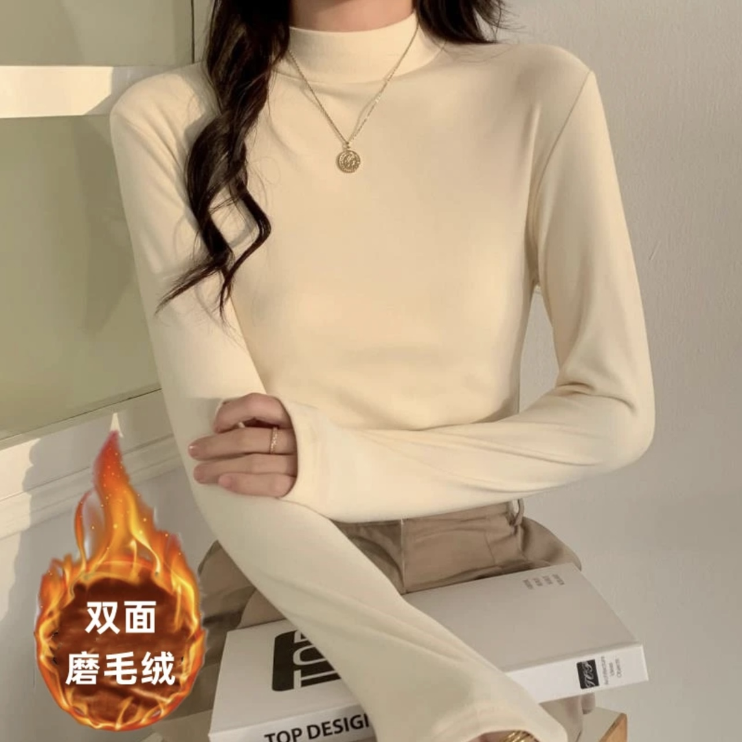 双面德绒半高领打底衫女士加绒加厚修身百搭大码长袖保暖内搭上衣