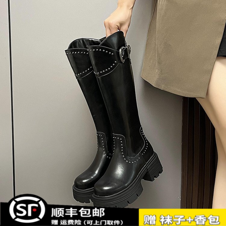 小众黑色复古西部靴铆钉粗跟长靴不过膝靴子高筒骑士靴厚底长筒靴