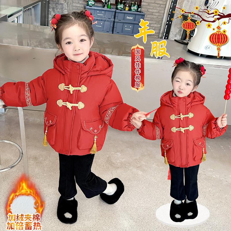 童棉服冬季洋派中国风婴幼儿外套冬款红色儿童加绒加厚棉衣新年服