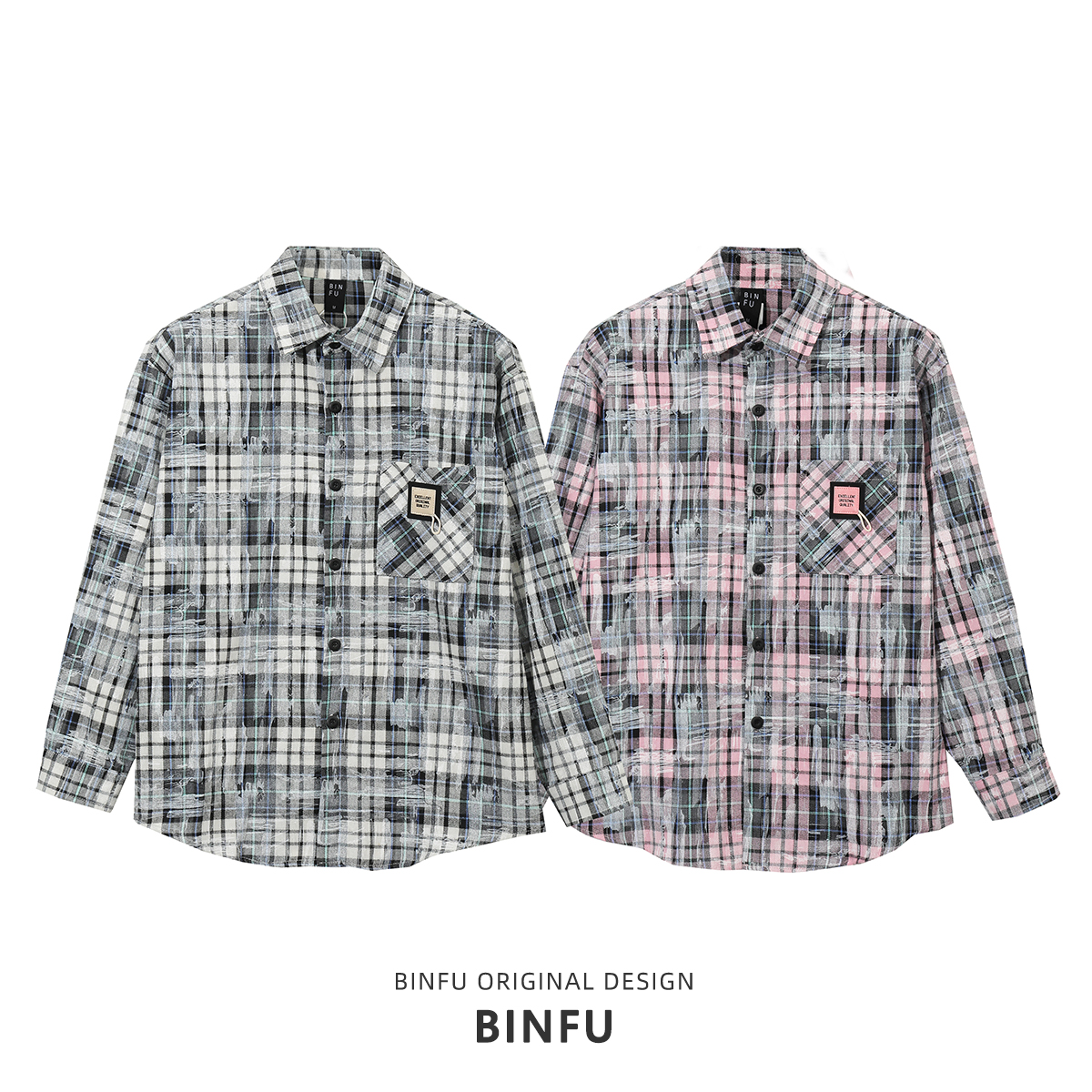 BINFU 秋季 美式复古男女情侣装撞色宽松版涂鸦印花格子长袖衬衫