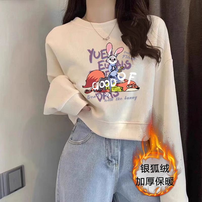 2023新款秋冬加绒加厚圆领卫衣女短款小个子韩版宽松学生长袖上衣