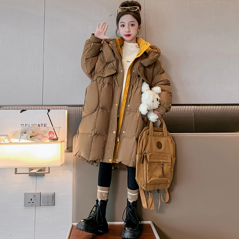 女童韩范长款羽绒服6-12岁15岁冬季2023新款时髦中大儿童加厚外套