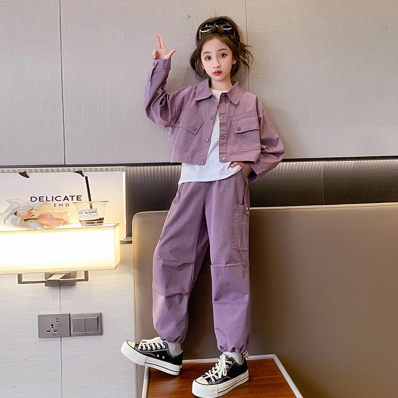 女童套装秋装2023春秋款中大儿童韩版洋气6-12岁网红工装裤三件套