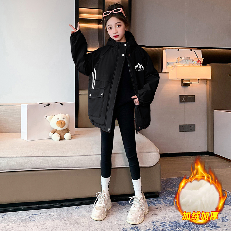 女童加绒加厚外套2023新款洋气儿童冬季棉服儿童6-12岁15岁派克服
