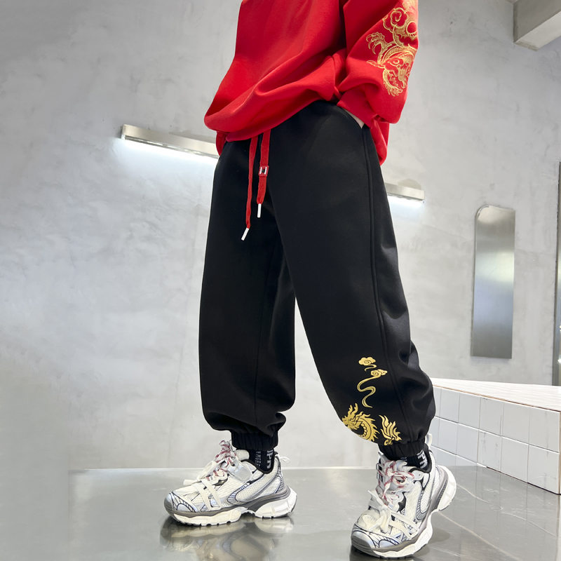 男童加绒裤子6-12岁潮款冬季2023新款龙年拜年年服加厚卫裤运动裤