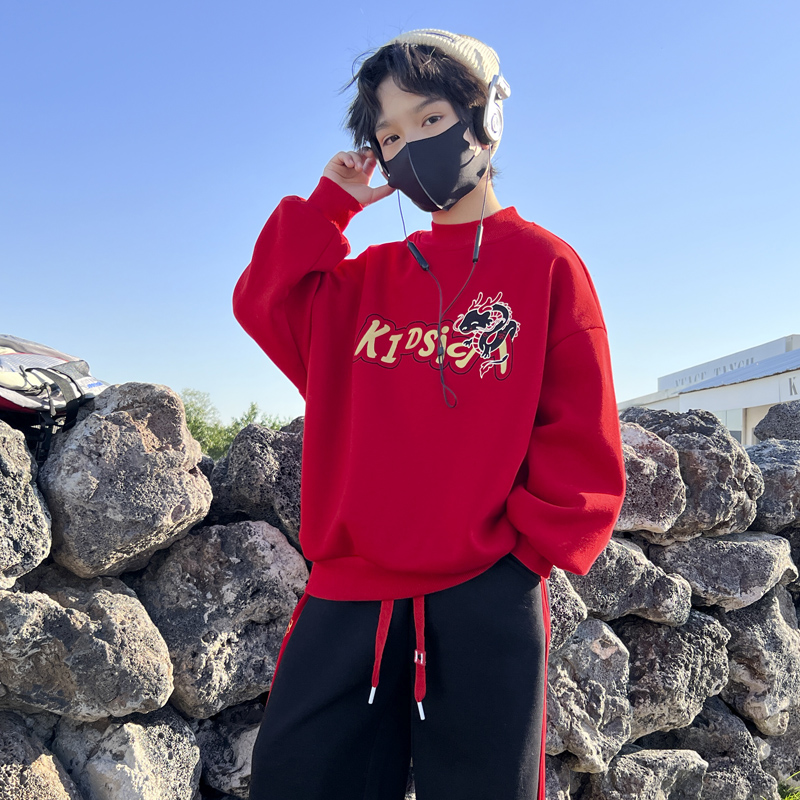 男童红色卫衣加绒加厚秋冬装2023新款男孩一体绒龙年国潮年服套装