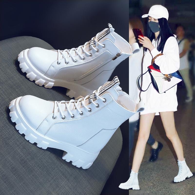 厚底内增高马丁靴女冬季新款百搭显瘦小个子加绒牛皮短靴