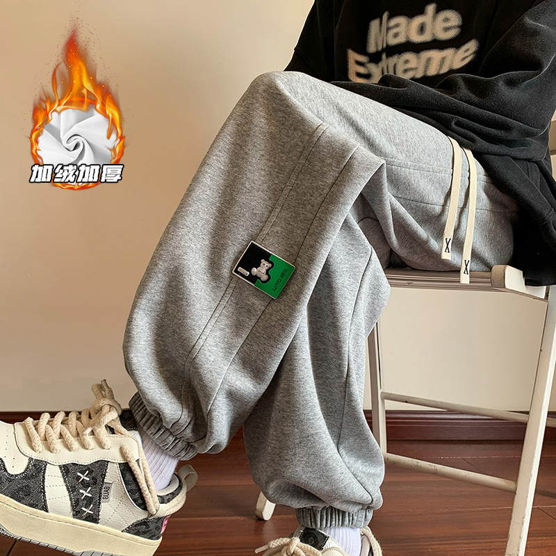 大码重磅贴标裤子男款秋冬款加绒加厚运动束脚卫裤潮牌男士休闲裤