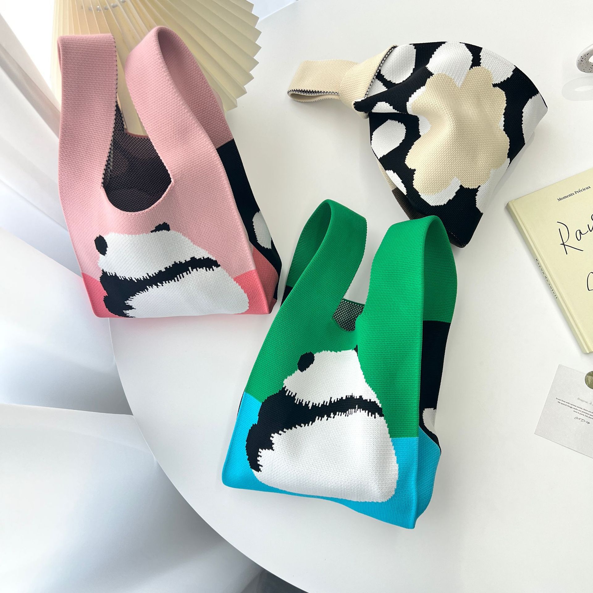 可爱熊猫新款针织提花手拎包经典时尚潮流百搭便携ins