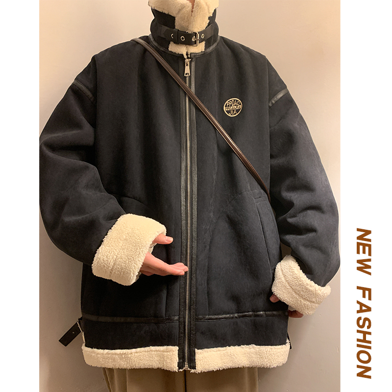 皮毛一体外套冬季男款潮流大码棉衣机车服宽松保暖休闲青少年夹克