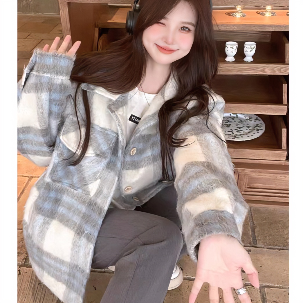 小香风格子外套女秋冬保暖小个子加厚小众设计感宽松休闲百搭上衣