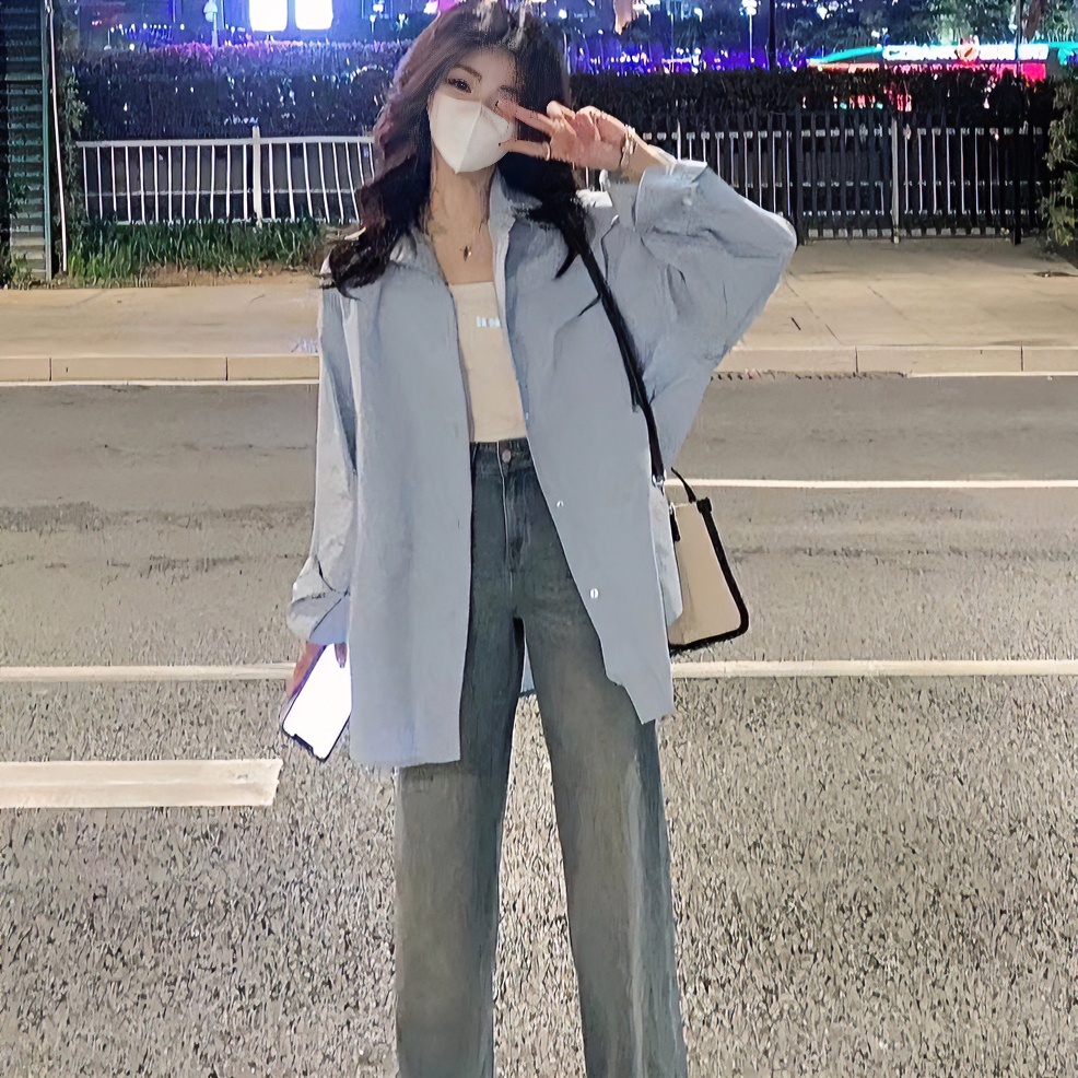 清歌恋蓝色纯棉衬衫女宽松百搭时尚衬衣防晒开衫情侣上衣ins潮