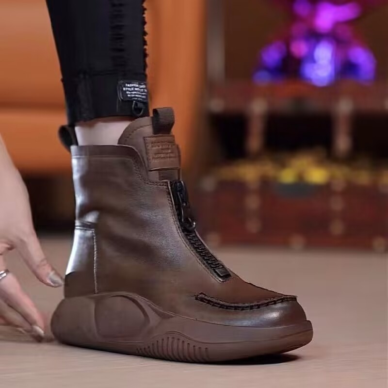 女鞋时尚休闲百搭复古厚底真皮短靴秋冬加绒圆头