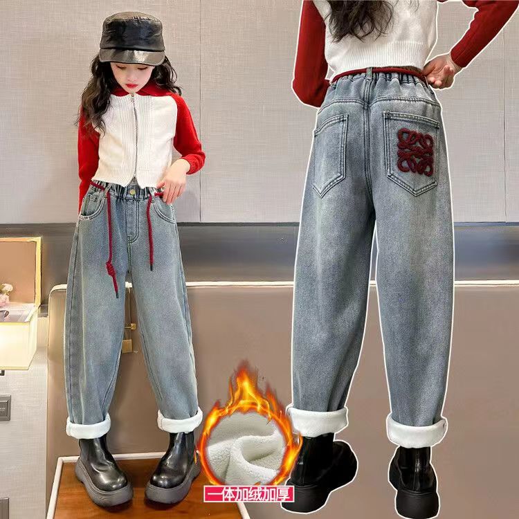 女童牛仔老爹裤秋冬加厚一体绒女大童浅蓝色加绒萝卜休闲哈伦裤子