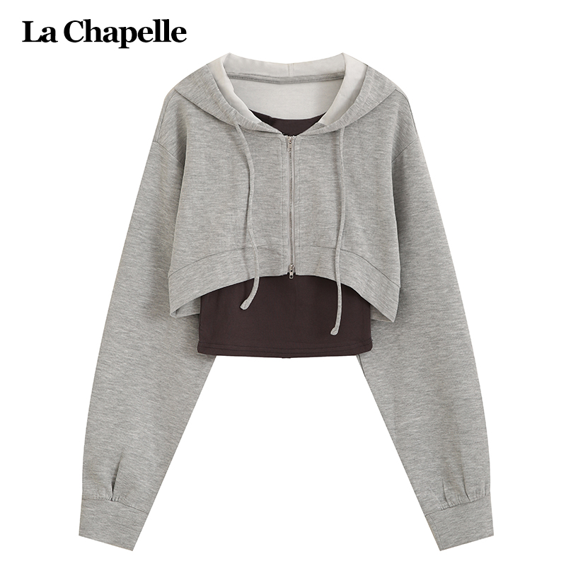 拉夏贝尔LaChapelle长袖连帽卫衣两件套女短款小个子休闲背心上衣
