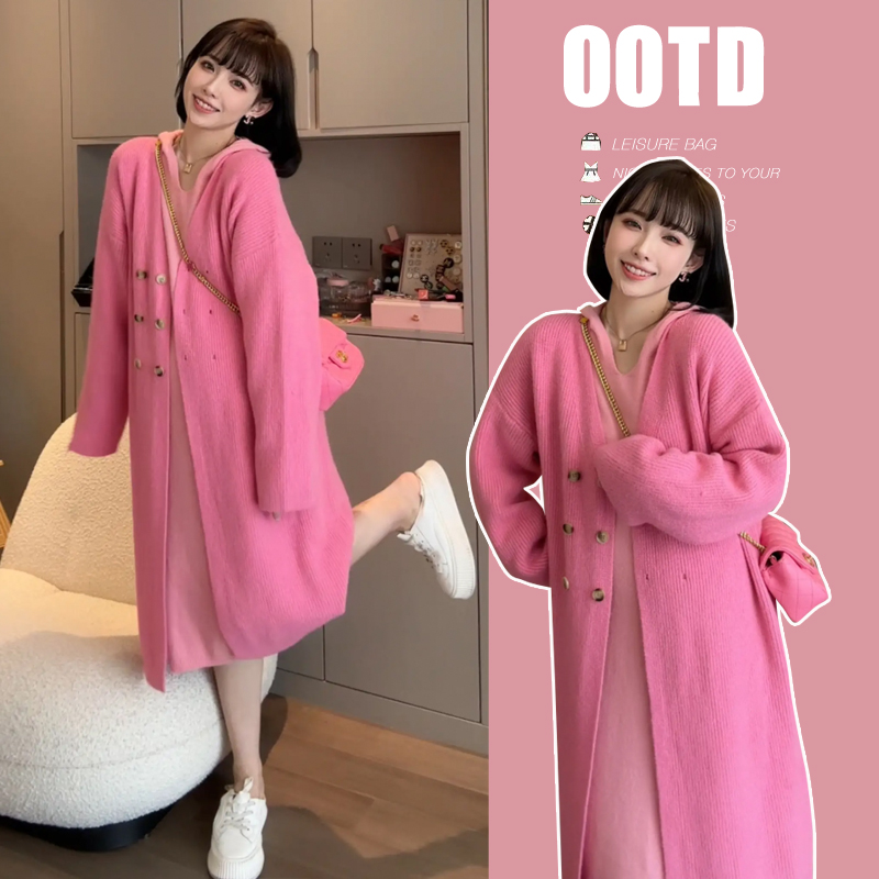 2023早秋新款韩版宽松减龄外穿开衫外套加厚长毛衣孕妇装粉色显白