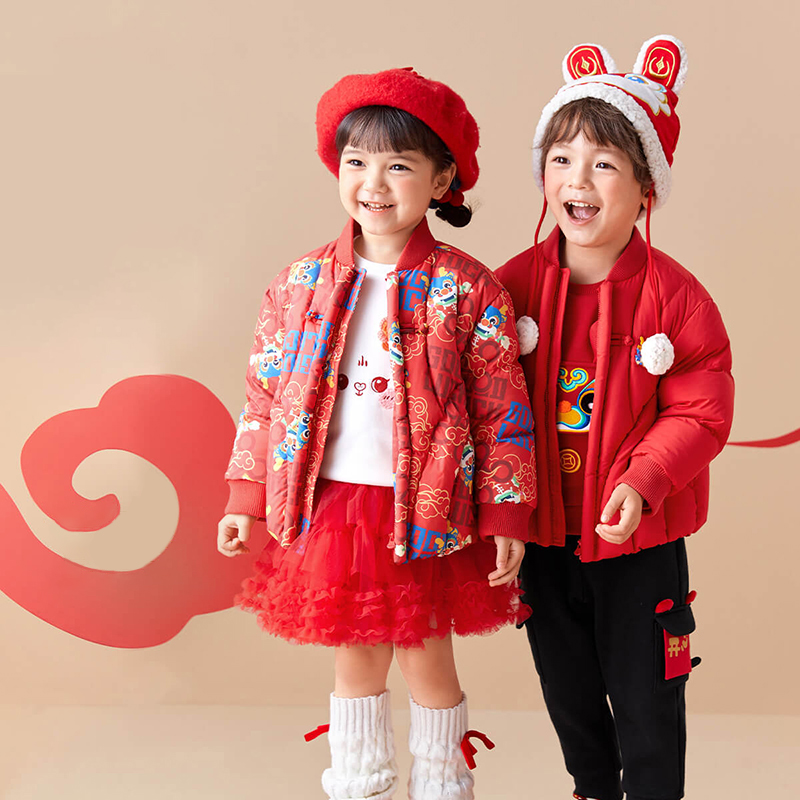 2024新款男童绒服宝宝龙生肖外套新年红色儿童拜年服国潮女童羽