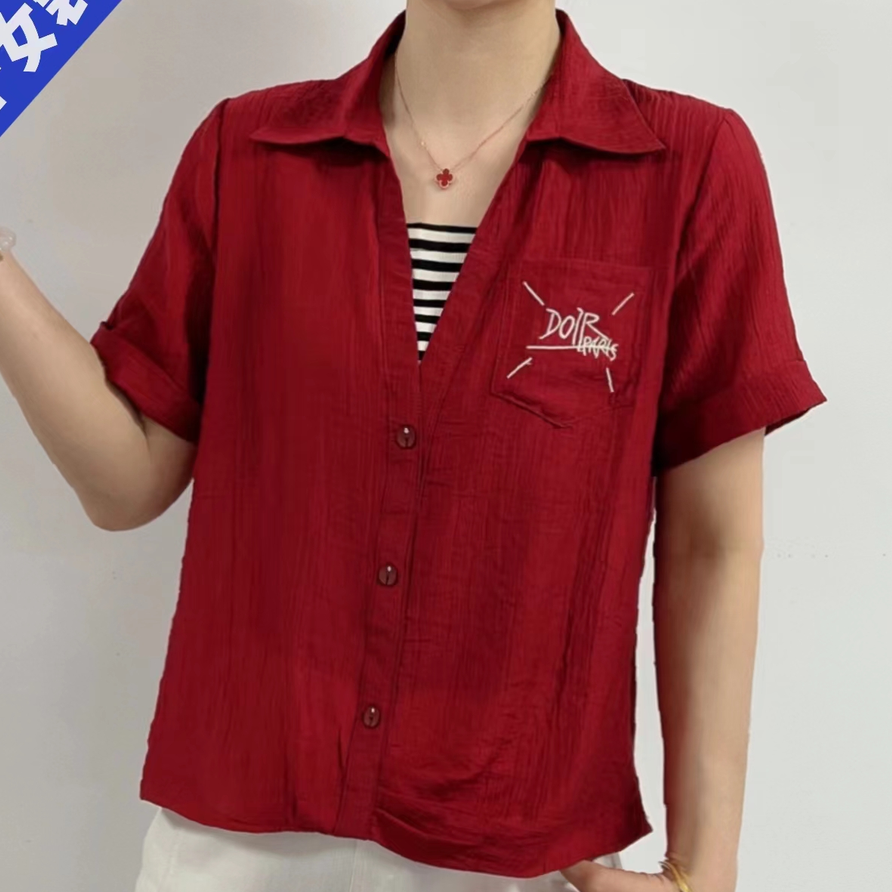 2024春夏女新款衬衫气质翻领假两件拼接薄款宽松短款短袖上衣T恤