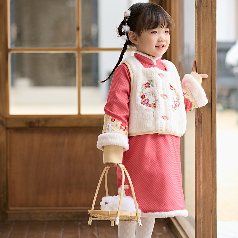 萌乎【如梦】女童冬款加厚两件套夹棉旗袍连衣裙马甲拜年服-224837