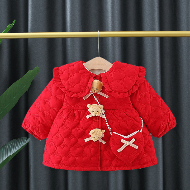 冬装新款女童小熊棉衣儿童新款厚外套宝宝加绒棉服棉袄保暖拜年服