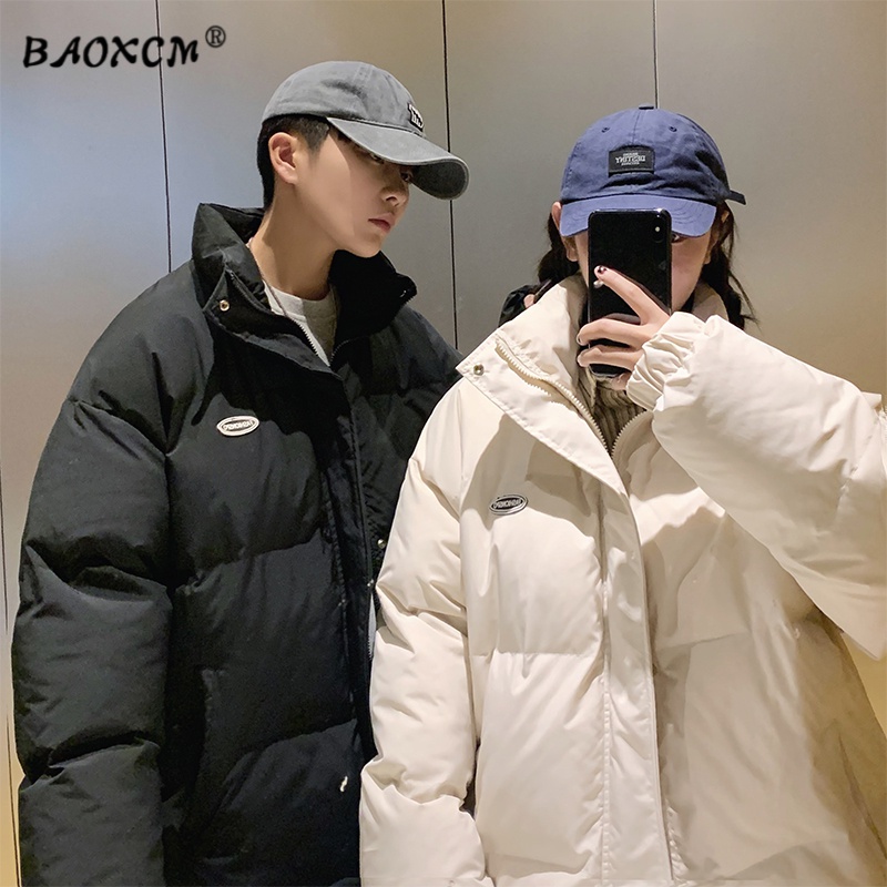 港风情侣加棉加厚棉服男女冬装纯色立领棉衣面包服休闲大码外套男
