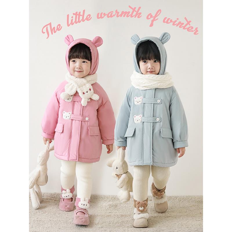 幼悠女童冬季阳光假期贴布绣立体洋气连帽小熊棉服儿童棉服D2330