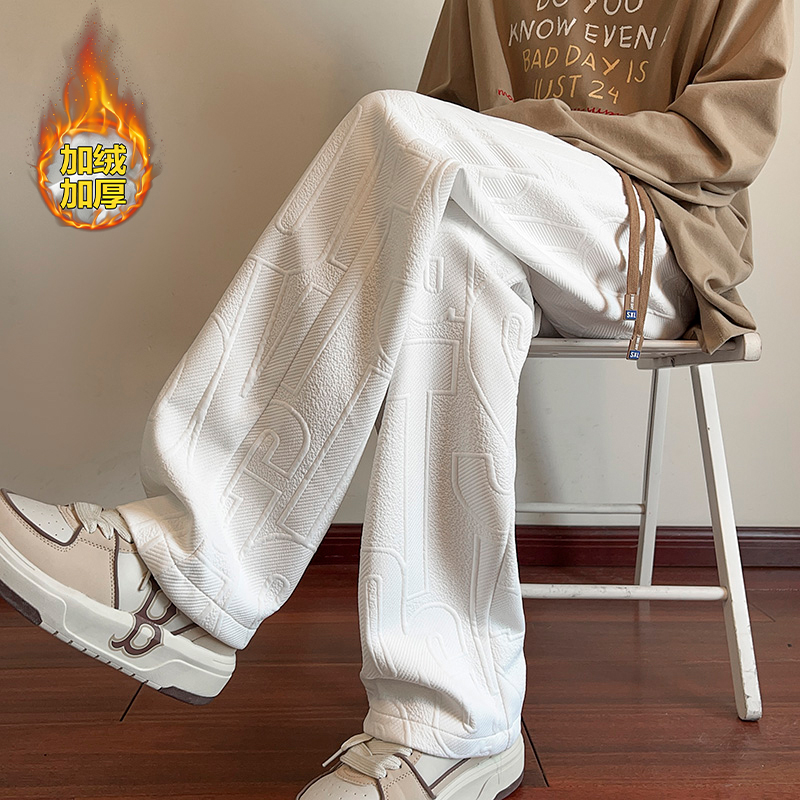 JEEP感提花运动裤男秋冬加绒大码阔腿休闲裤美式潮牌宽松直筒裤子