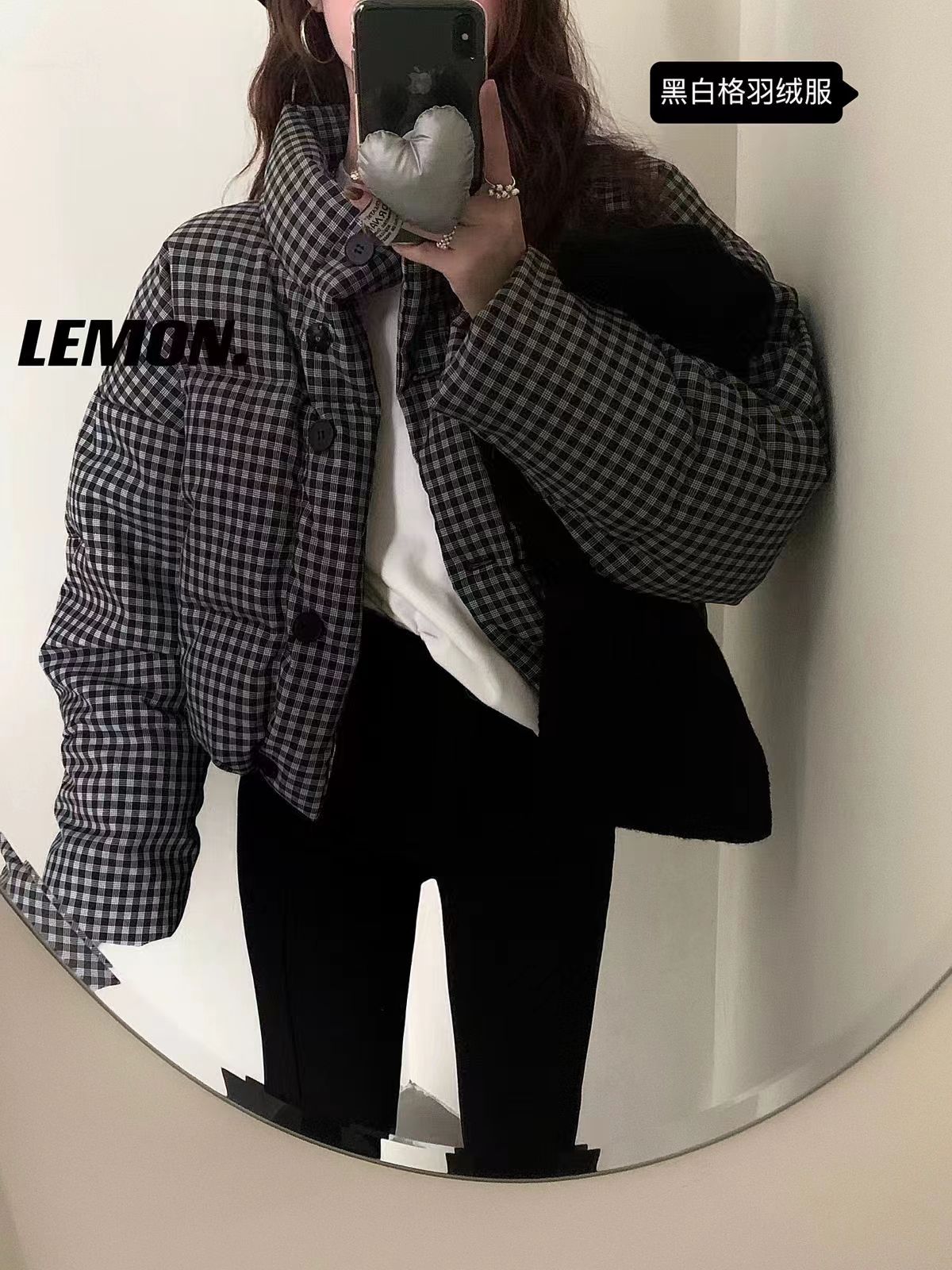 韩版金典黑白格纹百搭棉服短款时尚格子保暖冬季棋盘格