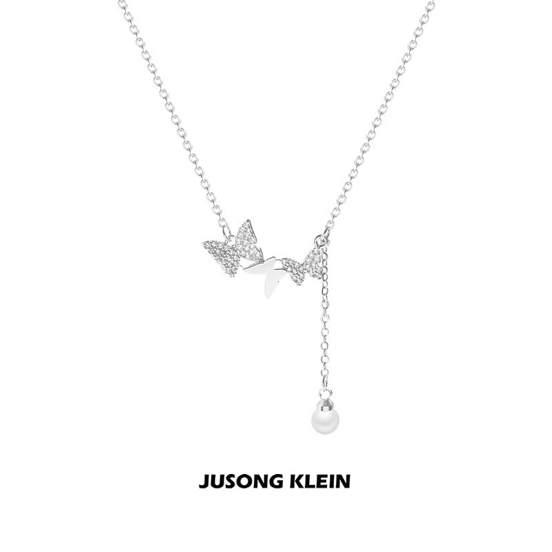 钛钢项链 JUSONG KLEIN流苏蝴蝶锆石珍珠项链女简约ins轻奢锁骨链