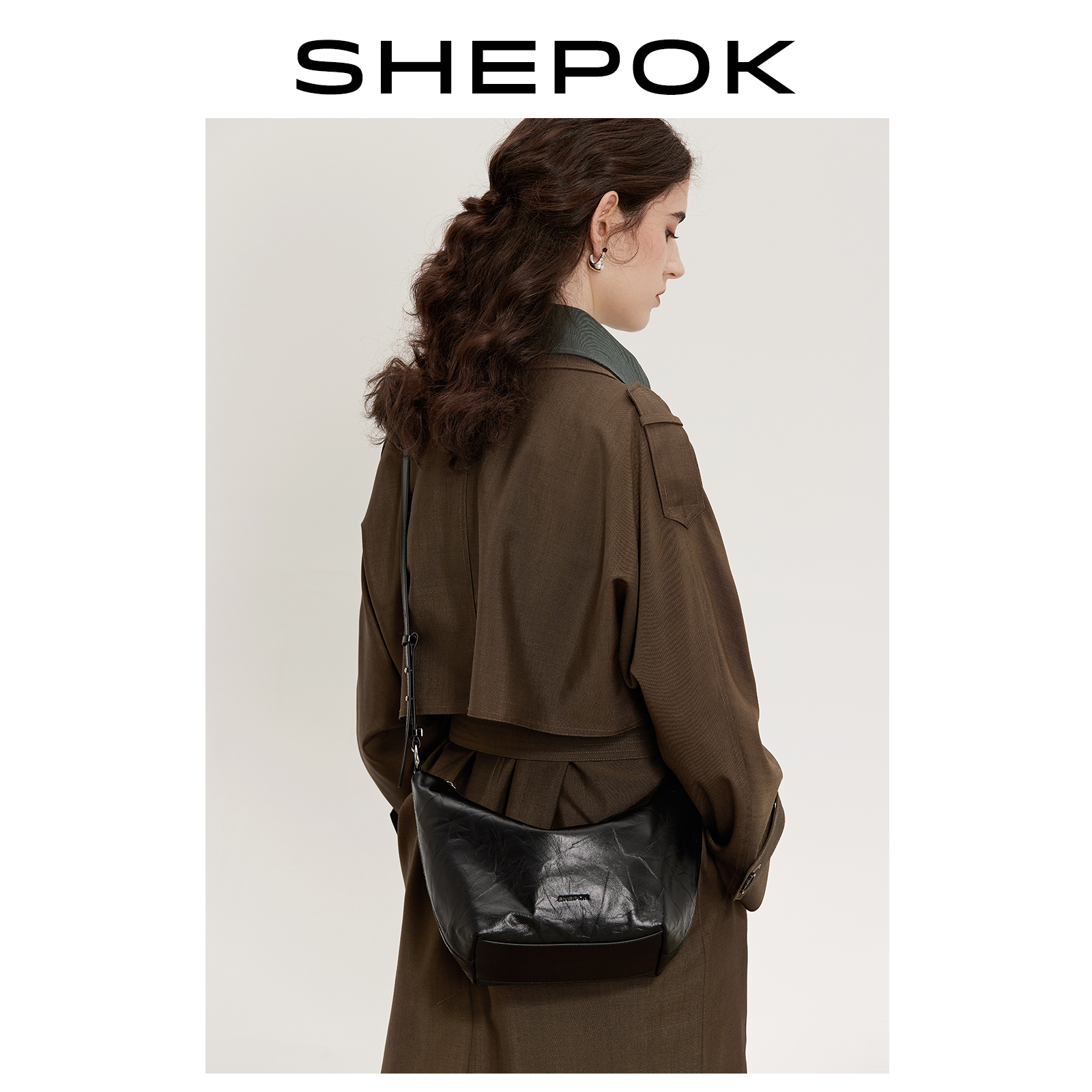 SHEPOK2023头层牛皮饺子包高级感特大包女士通勤单肩腋下斜挎包
